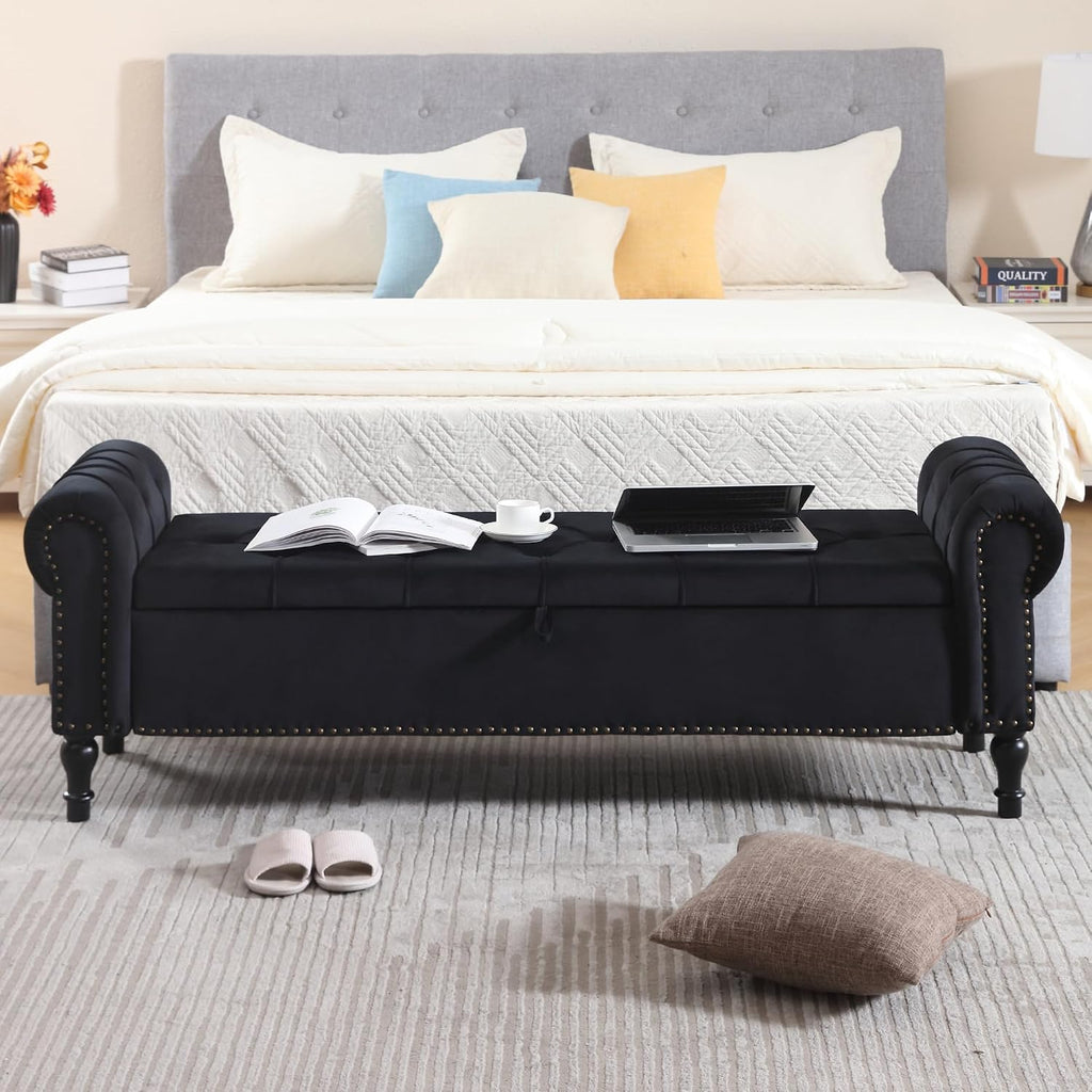 Storage Bed Bench , 67 Inches End of Bed Bench, Velvet King Size Bench with Arms, Tufted Button Storage Ottoman