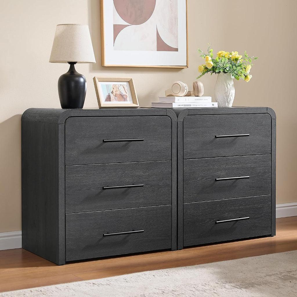 Nightstand Set of 2, 23.6" Modern Curved Nightstand with 3 Drawers, Wood Bedside Table , Large Storage End Table