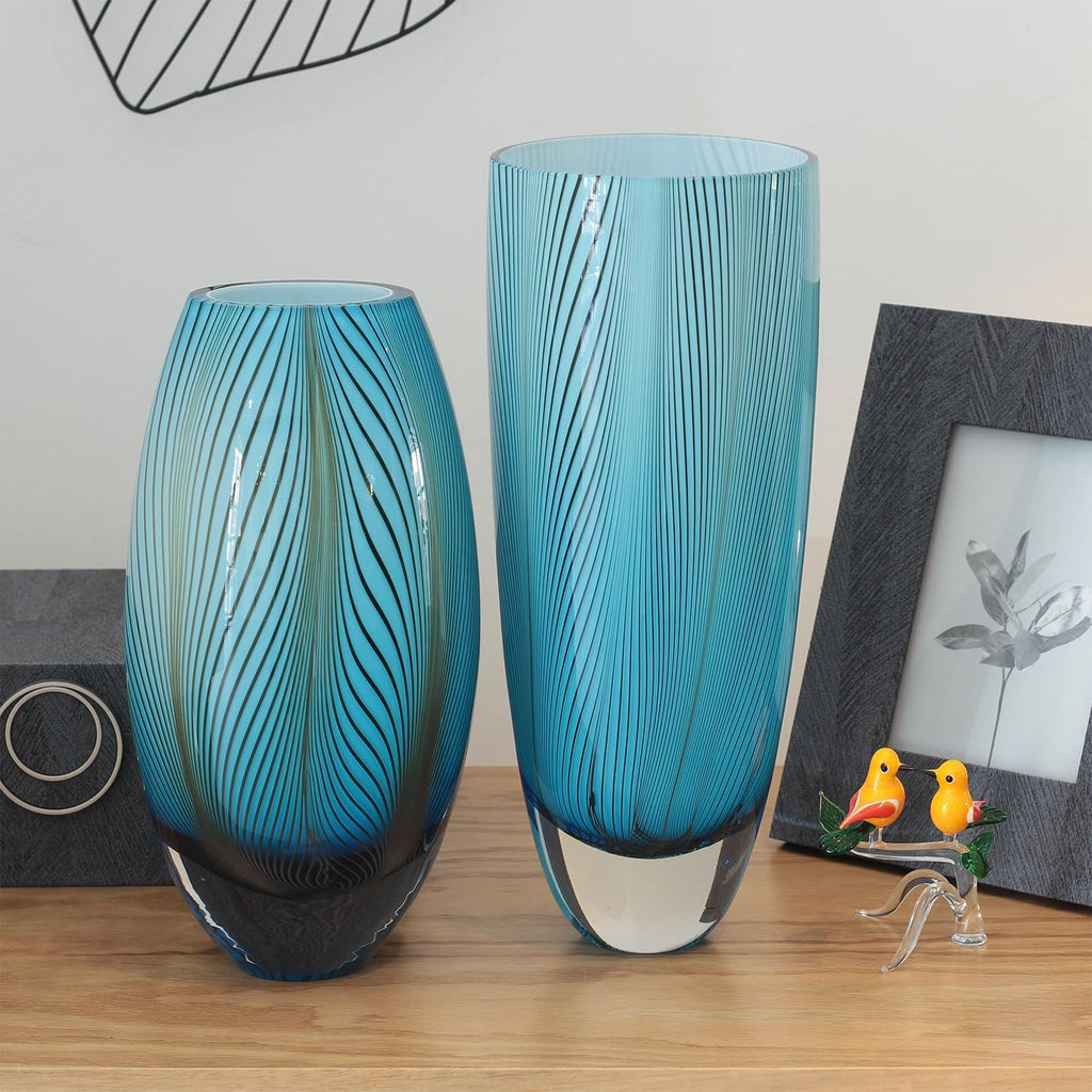 Murano Style Glass Vase Hand Blown Blue Feather Pattern Effect Home Decor