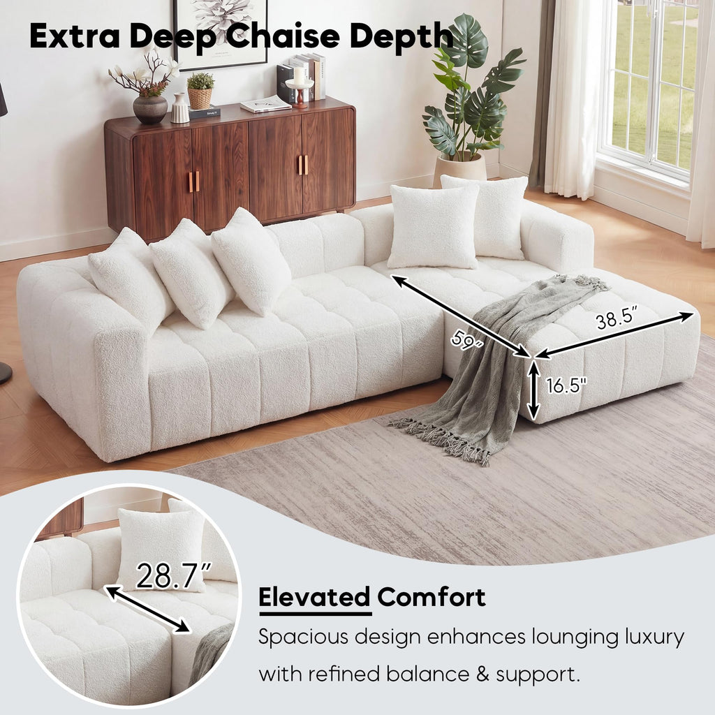 108" Tufted Boucle Cloud Boneless Sectional Sofa, Right Chaise, White
