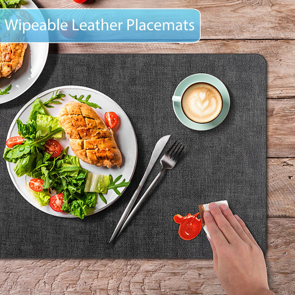 Faux Leather Placemats Set of 12, Wipeable Table Mats, Dark Grey
