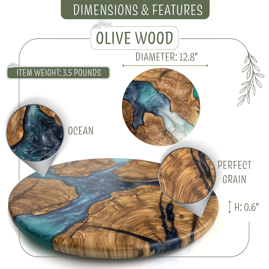 Handmade Olive Wood Round Resin Cheese & Charcuterie Board - Circular Decorative Epoxy Cutting Board with Unique Blue