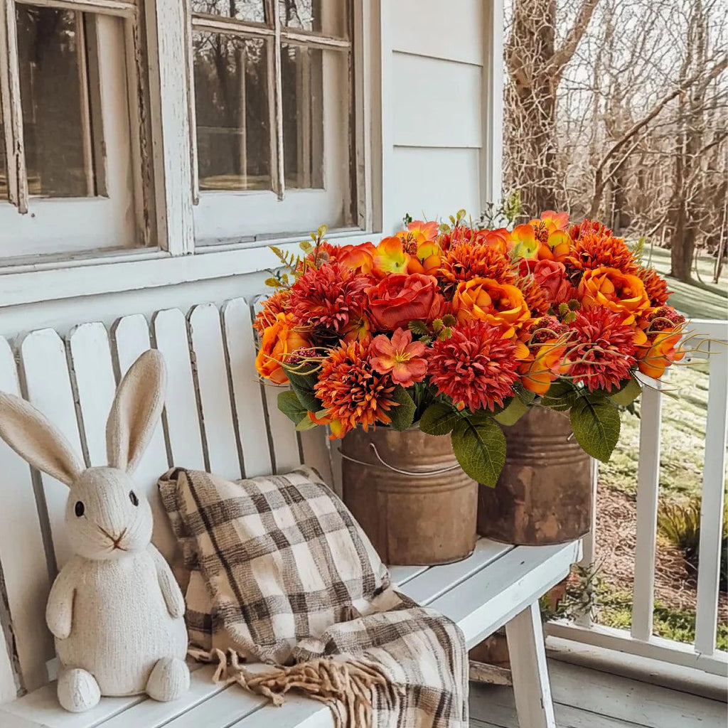 Bundles Fall Artificial Flowers Bouquet Fake Peony Silk Chrysanthemums Autumn Faux Floral Arrangements Decor Indoor - Set of 2