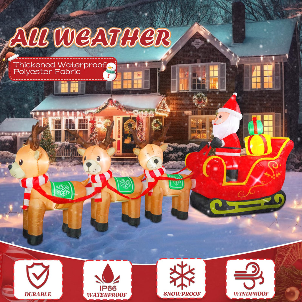 12FT Christmas Inflatable Outdoor Santa Claus on Sleigh & Reindeer Decor