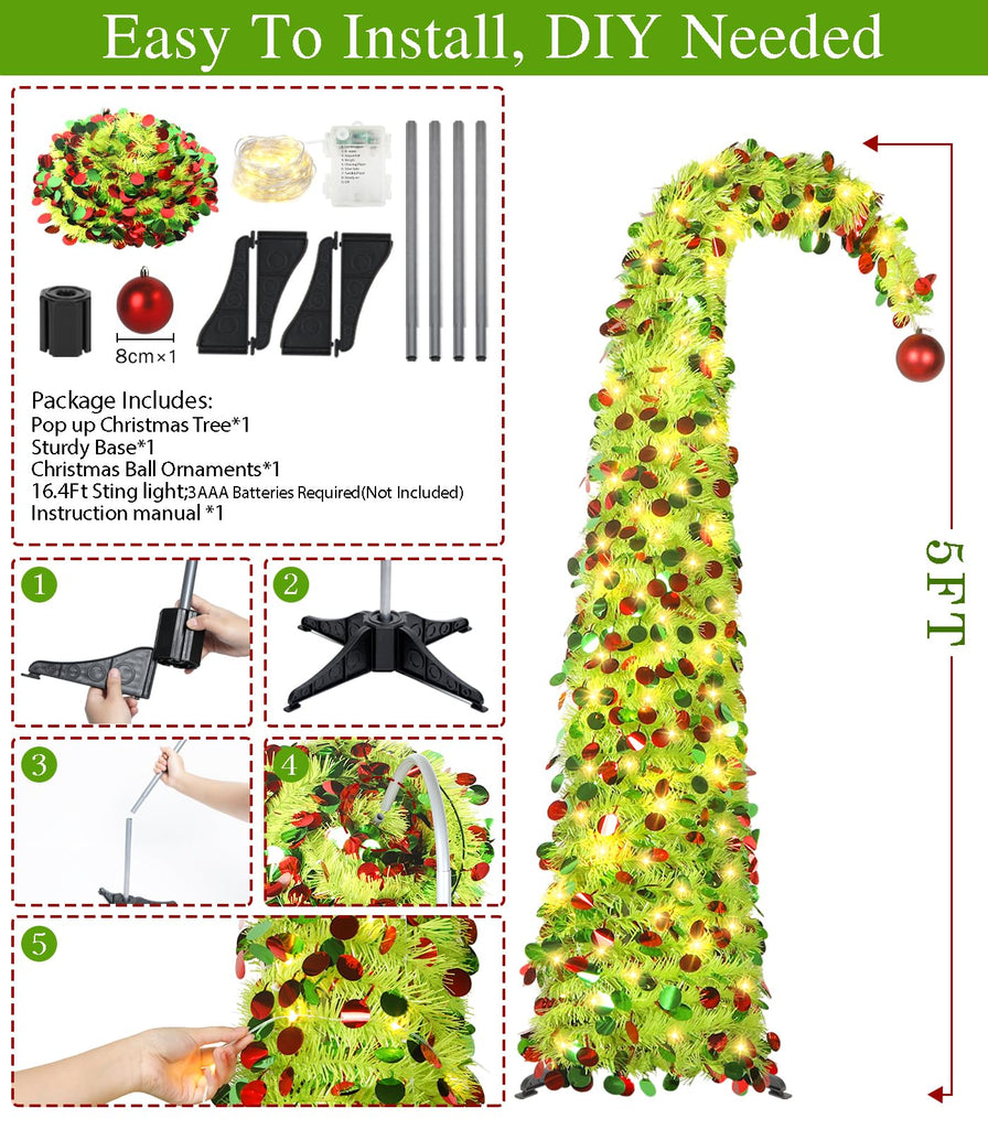 5 FT Whimsical Pop Up with Timer Lights, Lime Green Christmas Tinsel Tree Collapsible Artificial Curved Pencil Tree