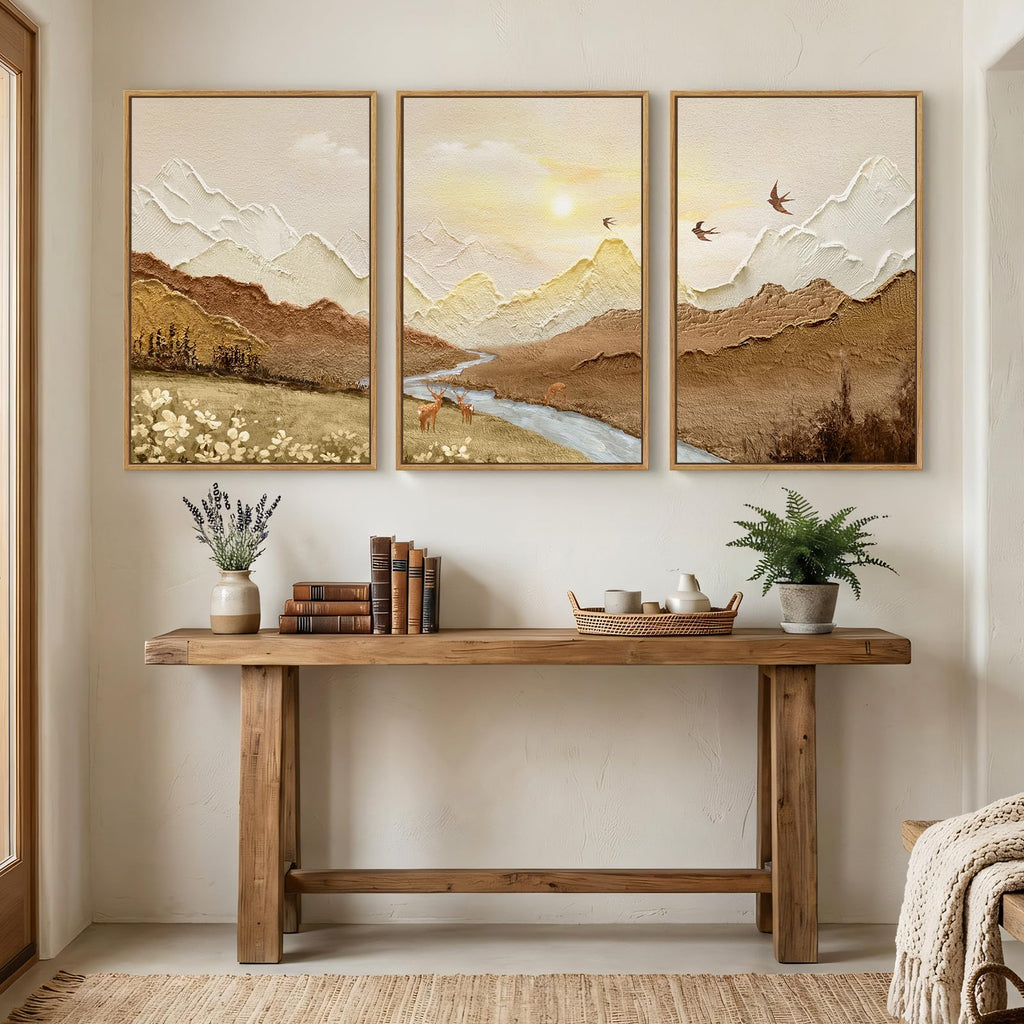 Framed Brown Abstract Mountain Wall Art, 3 Piece, 24x36 In