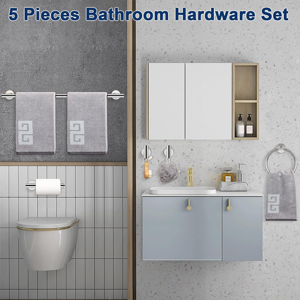 5 Pieces Bathroom Hardware Set SUS304 Thicken Stainless Steel-Towel Rack Kit Include 24" Towel Rod + Bath Towel Ring