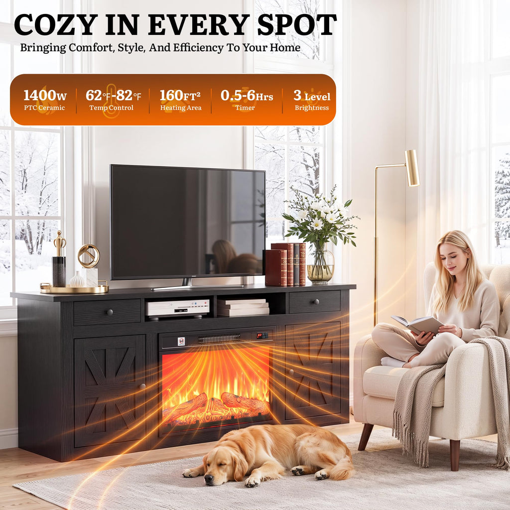 59" TV Stand with Electric Fireplace, Power Strips, Black