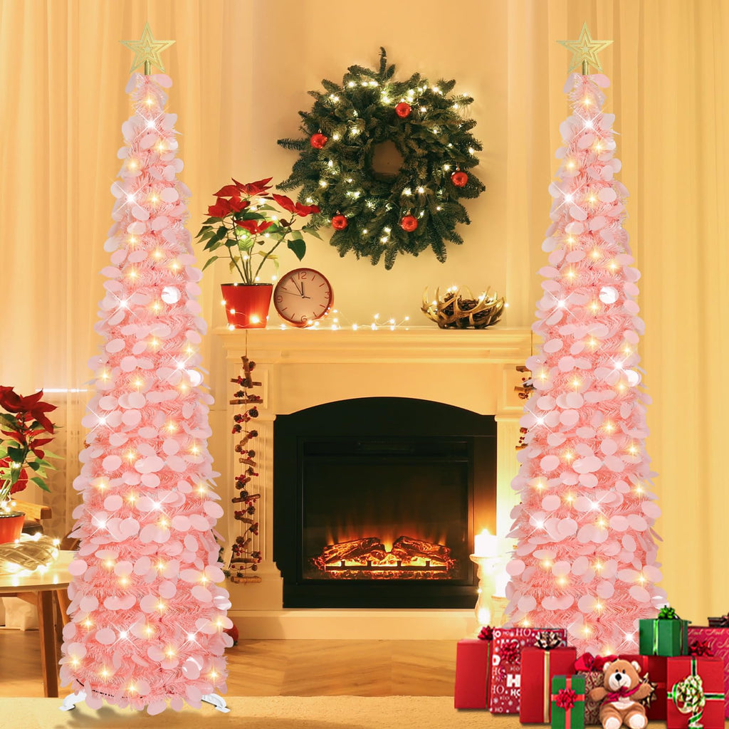 6 FT Pop Up Christmas Tree with 100 LED Timer Lights & Remote, Pink Collapsible Christmas Tinsel Tree Artificial