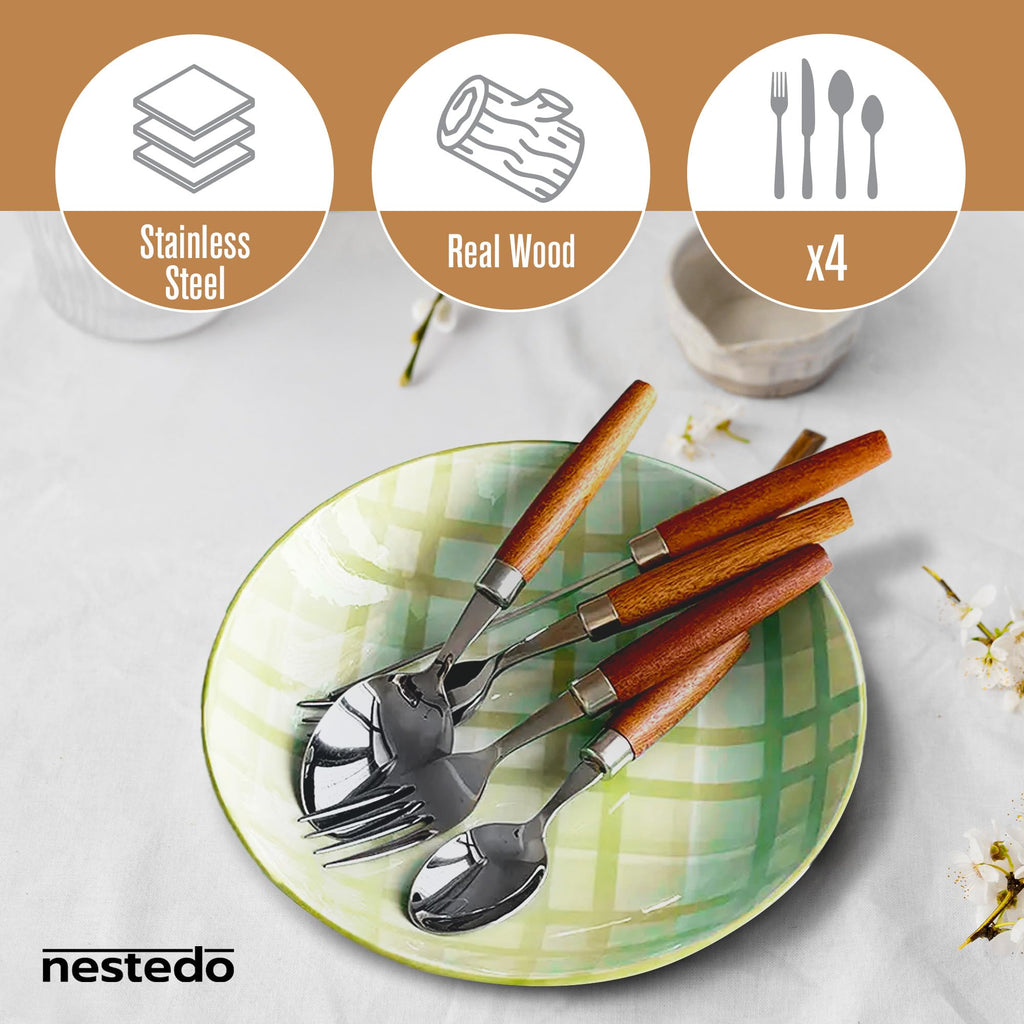 Wood Handle Silverware Set for 4, 16-Piece Stainless Steel Flatware