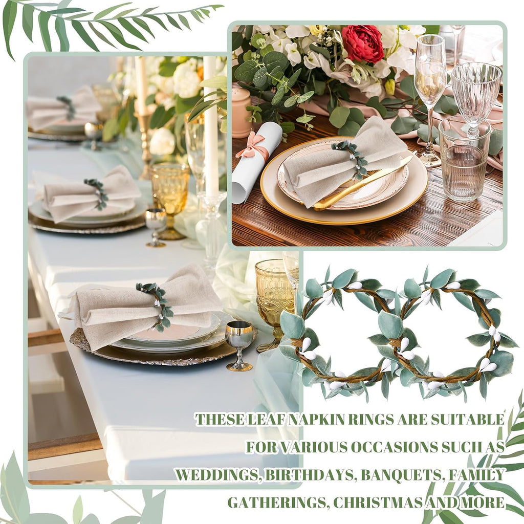Eucalyptus Napkin Rings Rustic Farmhouse Greenery Leaf Napkin Ring Holders for Wedding, Thanksgiving, Christmas - Set of 6