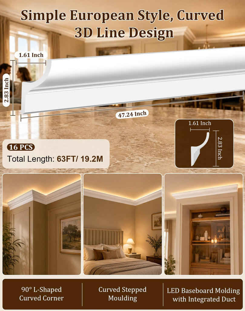 16 Pack 63FT Ceiling Crown Molding Trim with Hidden LED Light Channel