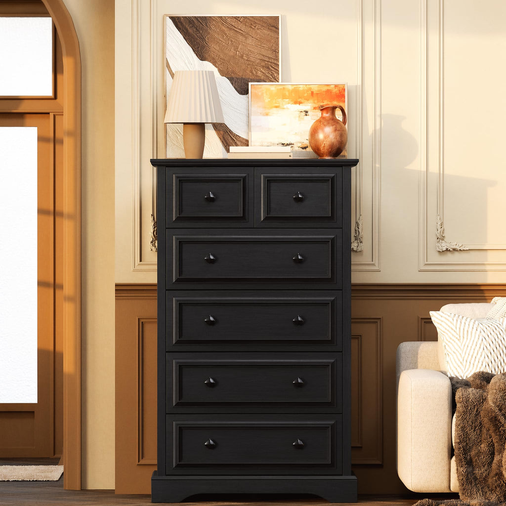 Farmhouse 6 Drawer, 48" Tall Chest of Drawers with Natural Texture & Metal Handles, Storage Dressers Organizer