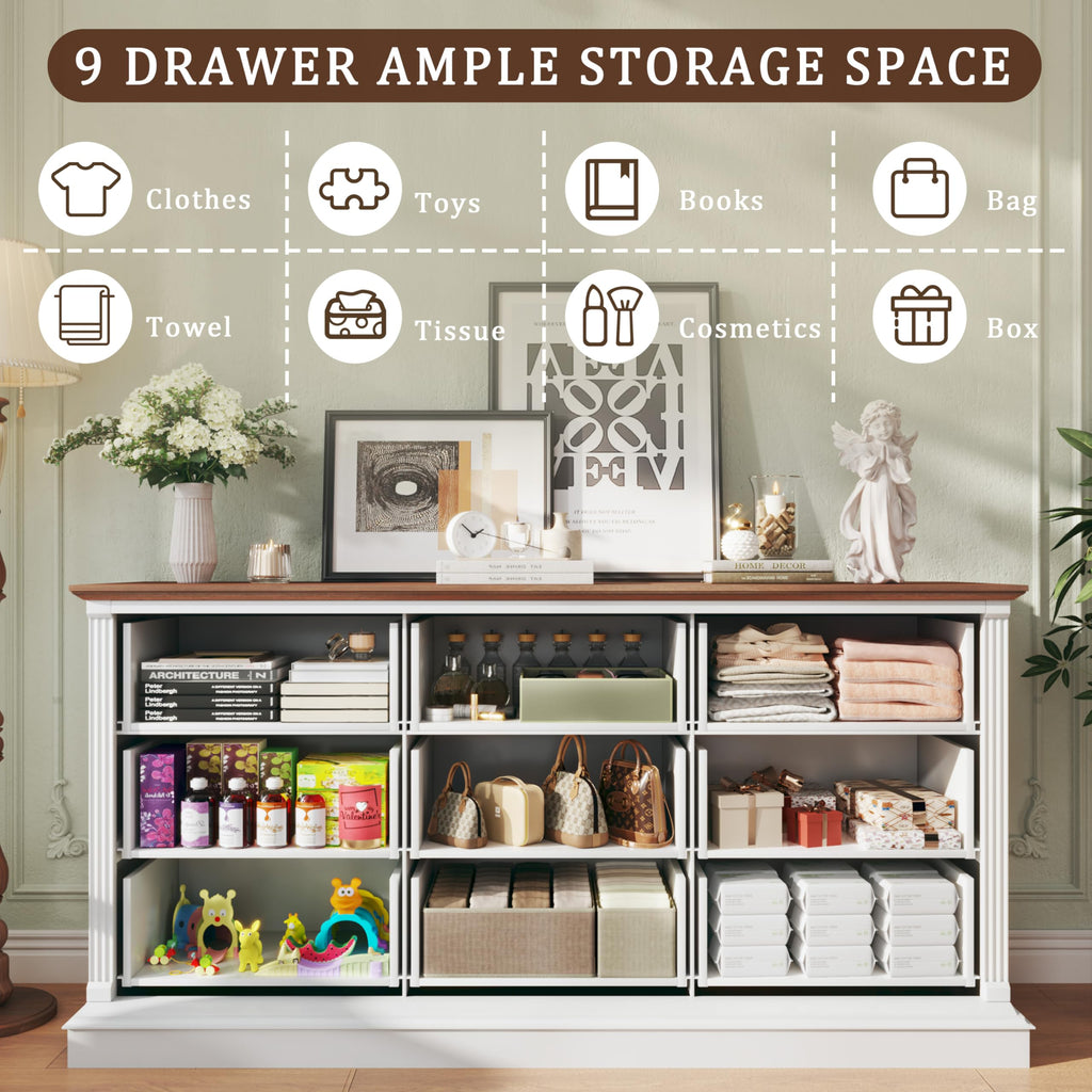Farmhouse Dresser with 9 Drawers, 60" White Storage Chest of Drawers with with Roman Column, Wood Dresser