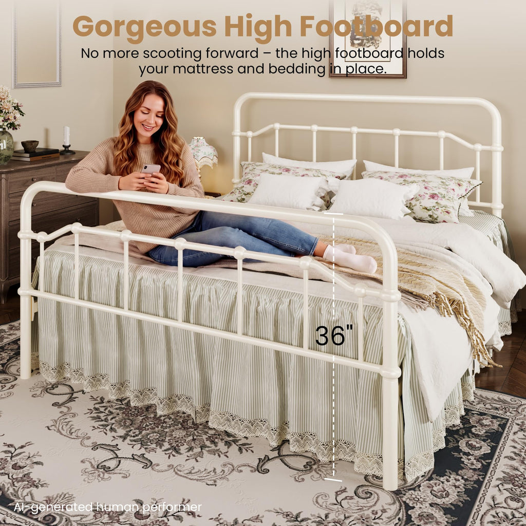 Vintage Victorian Metal Bed Frame, Cream White
