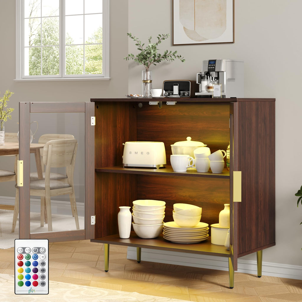 Buffet Cabinet Set of 2, Sideboard Cabinet with LED Lights, Walnut