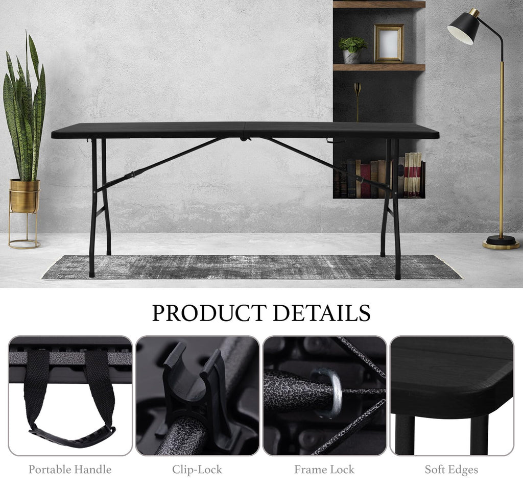 6 Foot Portable Plastic Folding Table 6FT 72" Half Foldable Heavy Duty Top w/Carry Handle - Indoor Outdoor Camping