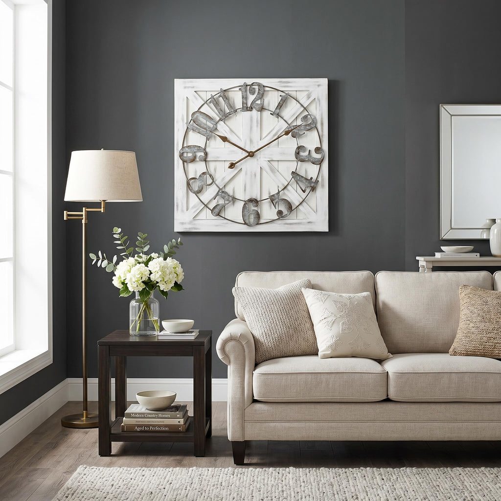 24 Inch Large Farmhouse Wall Clock, Rustic White Distressed Wood Frame with X-Brace Barn Door Backing, Silent