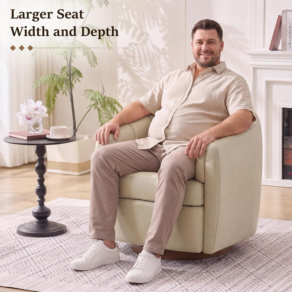 Swivel Accent Chair, PU Leather Barrel Armchair with Wood Base, Cream
