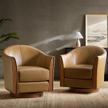 Leather Swivel Accent Chairs with Wood Base, Camel - Set of 2