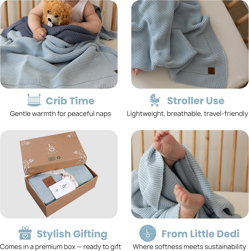 Organic Cotton Baby Blanket 30x40, Baby Blue - GOTS Certified, Soft Knit Swaddle with Gift Box, Breathable Nursery