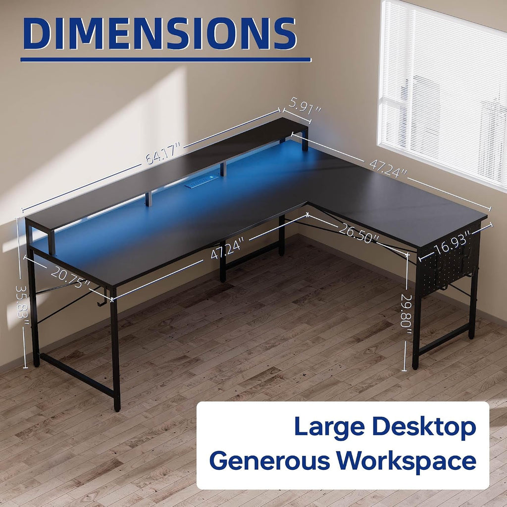 64 Inch L Shaped Gaming Desk with Monitor Stand and Power Outlets | Large Corner Computer Desk With Pegboard & Led