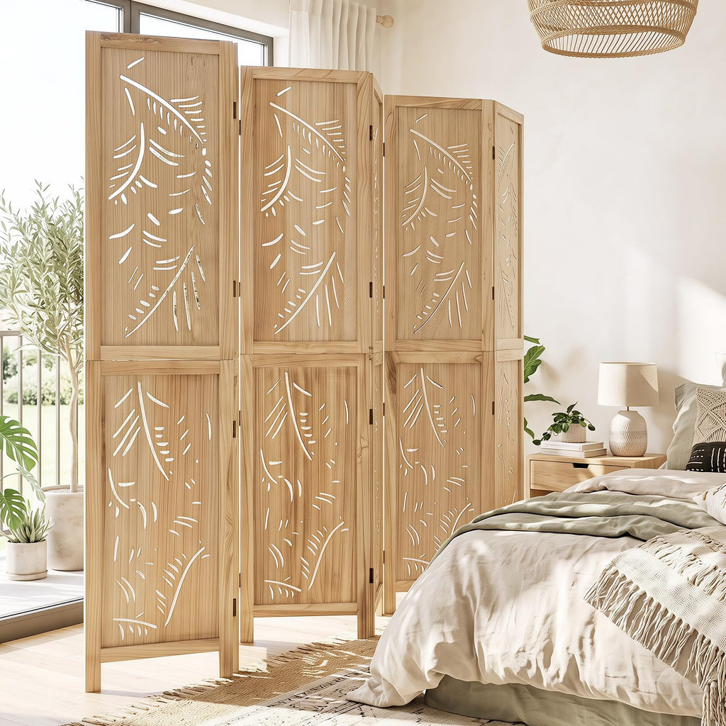 6 Panel Boho Room Divider with Carved Palm Leaf Pattern, Natural