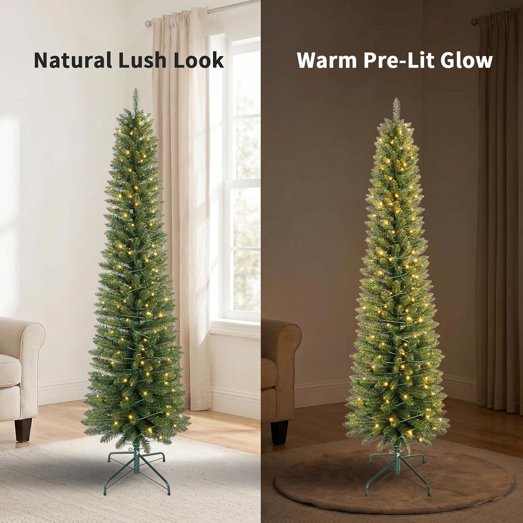 Pre-Lit Slim Pencil Artificial Christmas Tree with Lights, Skinny Green