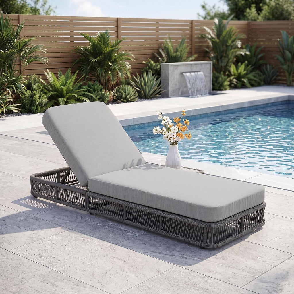 Outdoor Chaise Lounge Chair, 5-Position Adjustable Backrest, All-Weather Grey Woven Rope Recliner with 5 Inch Light