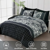 Black Comforter Set Queen, 7 Pieces Bed in a Bag Floral Geometric Patchwork Soft Microfiber Comforter Bedding Set with