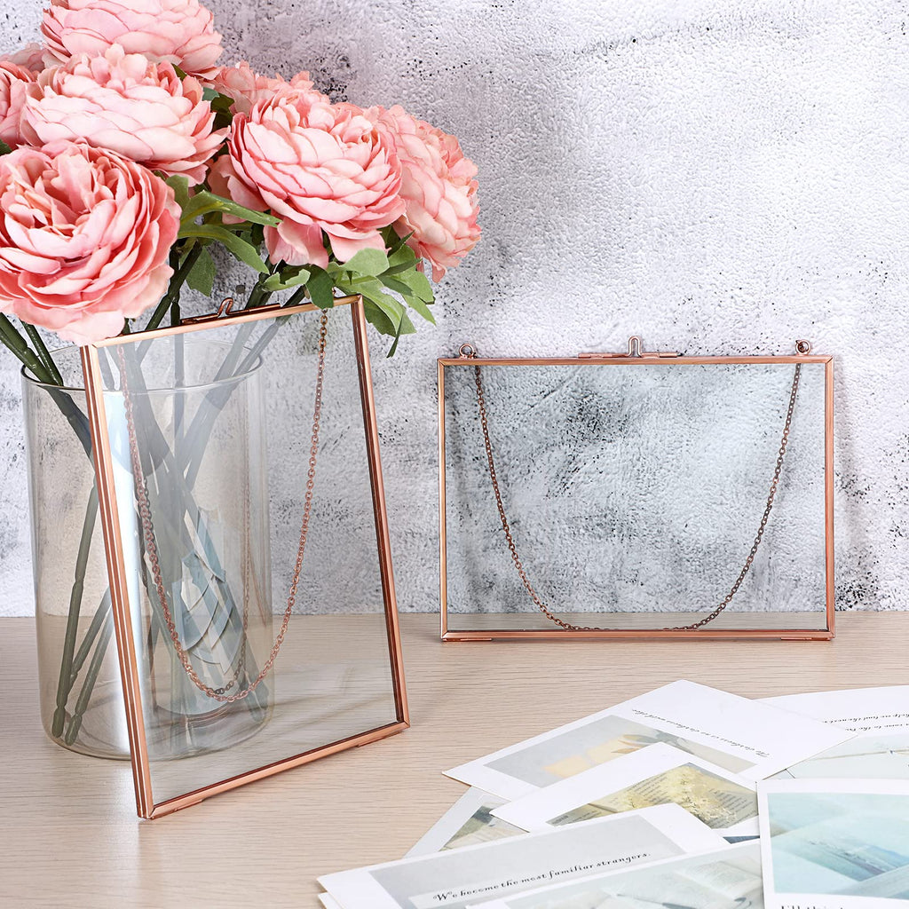 Set of 2 Rose Golden Brass Picture Frames, Floater Frame, Wall Hanging, 4x6 inches, Modern Art Design, Double Glass