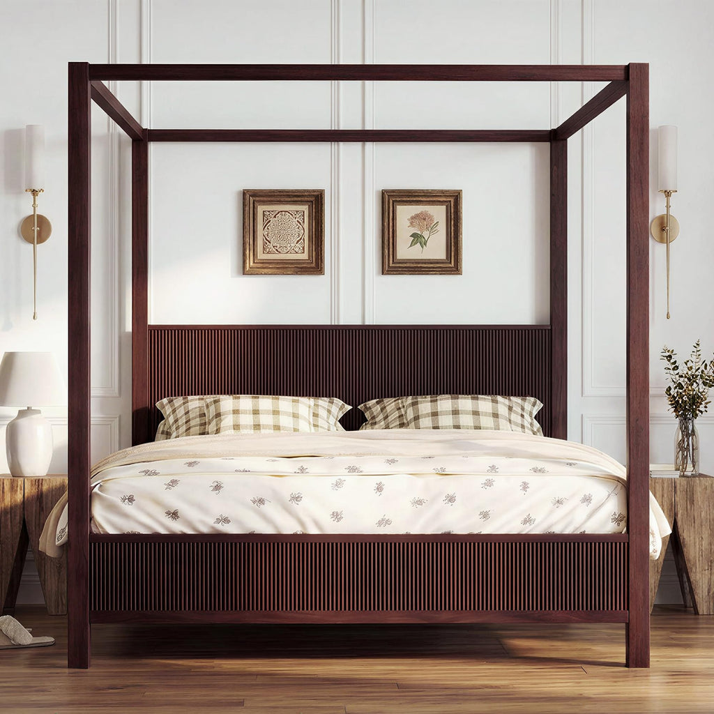 Wooden Canopy Bed Frame with Headboard, Espresso