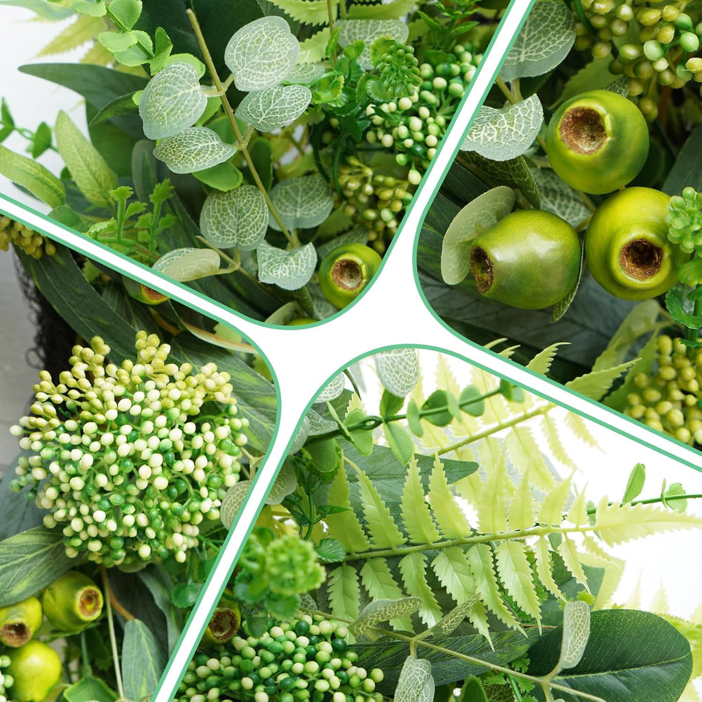 24 Inch Artificial Greenery Wreath for Front Door - Green Wreath with Eucalyptus and Fern Leaves, Spring Summer Fall