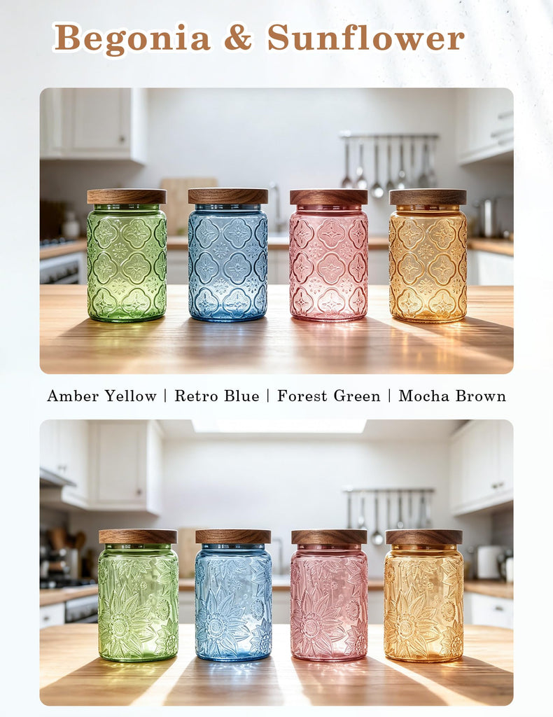 Glass Jars with Airtight Wood Lids - 4 PC 24 OZ Vintage Storage Canisters Set Pantry Bathroom, Decorative Beautiful