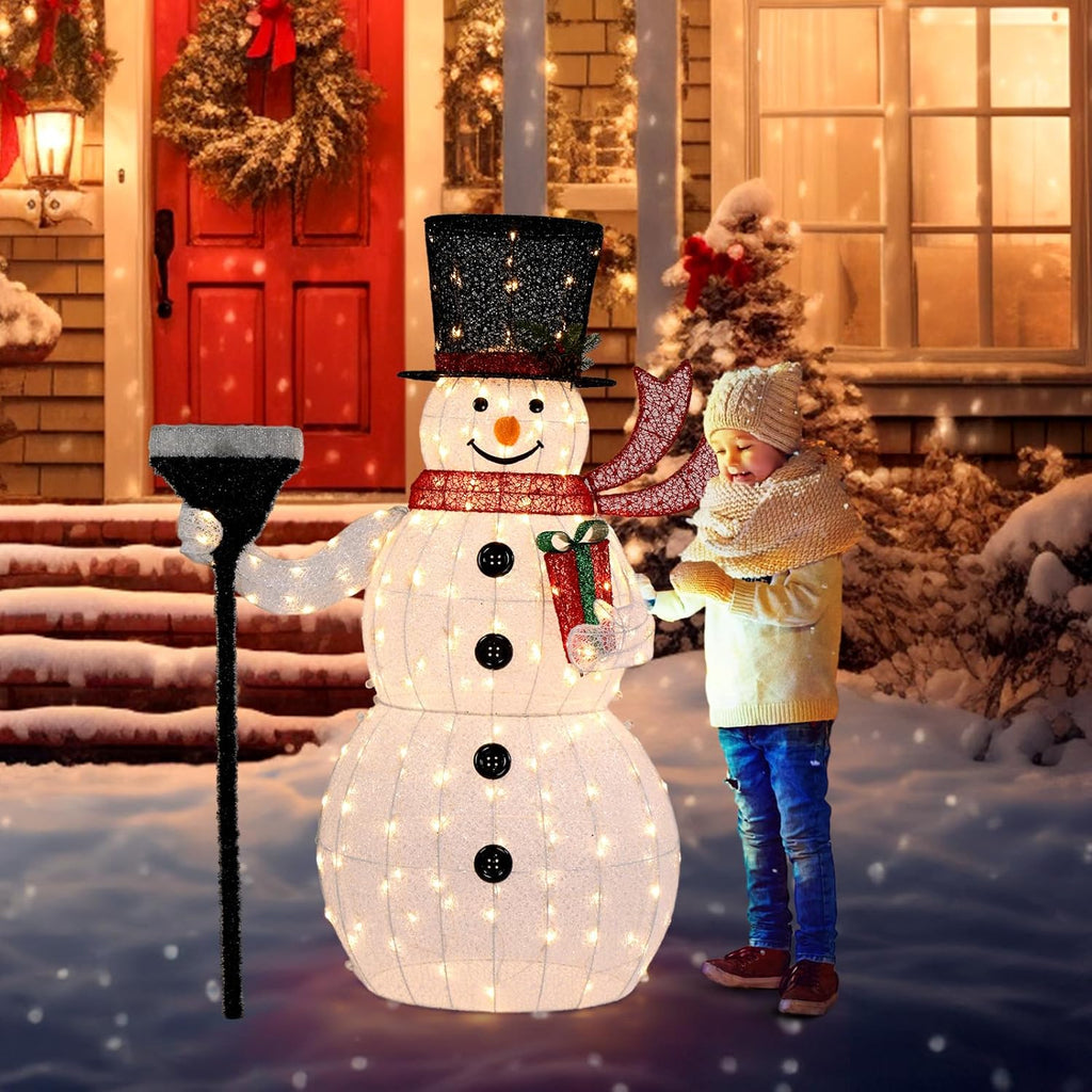 5FT Outdoor Snowman Christmas Decorations, Lighted Outdoor Snowman w/200 LED Lights, Tall Hat, Red Scarf, Ground