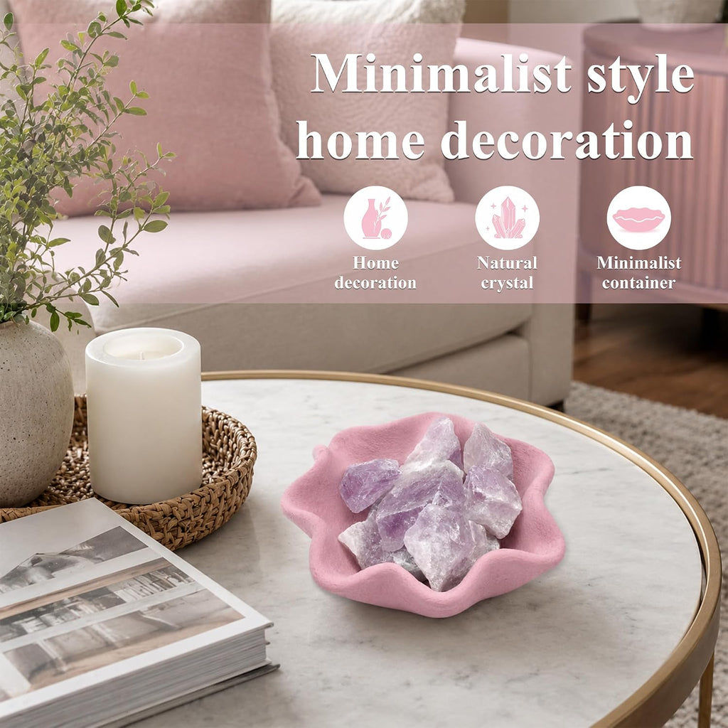 Blush Petal Cement Candle Vessel with 7 Crystal Stones - Handmade Petal-Shaped Matte Cement Bowl in Blush Pink