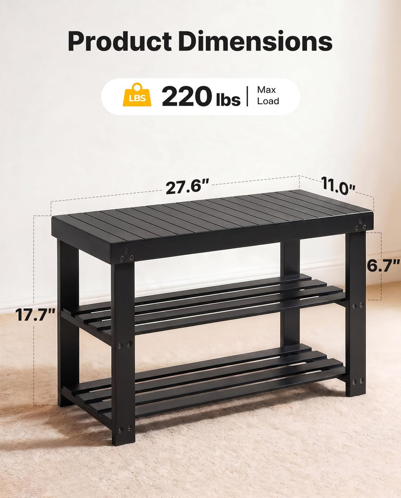 3 Tier Bamboo Shoe Rack Bench, Black