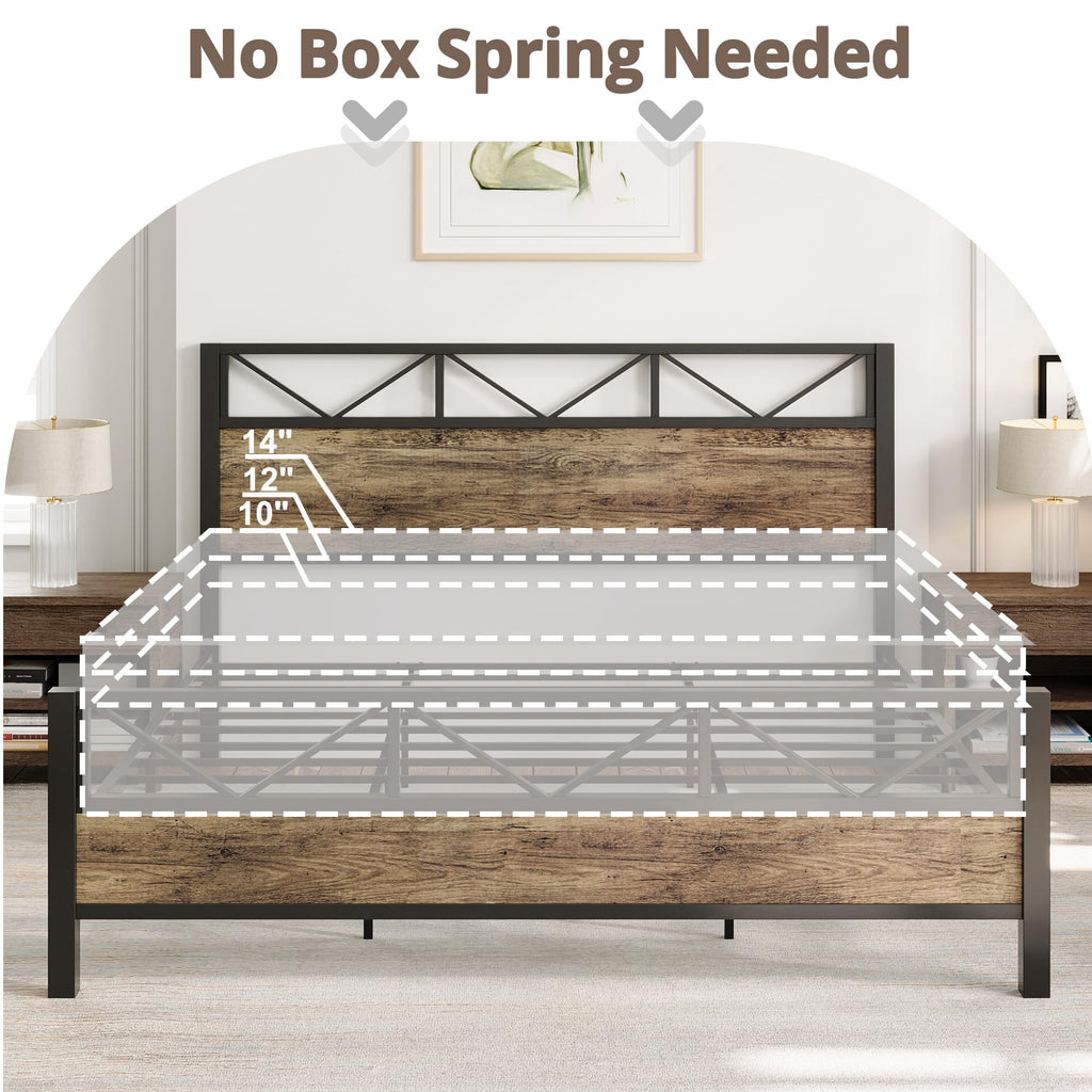 Bed Frame, Tall Industrial Headboard 51.2 ", Platform Bed Frame with Strong Metal Support, Solid and Stable
