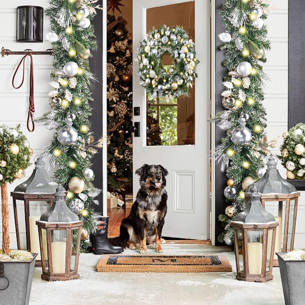 30 Inch Pre-Lit Soft Gold Silver Christmas Wreaths for Front Door