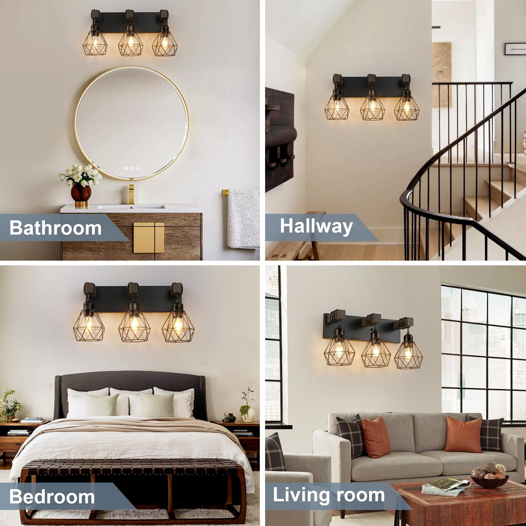Black Gold Bathroom Light Fixtures, 3-Light Farmhouse Vanity Light