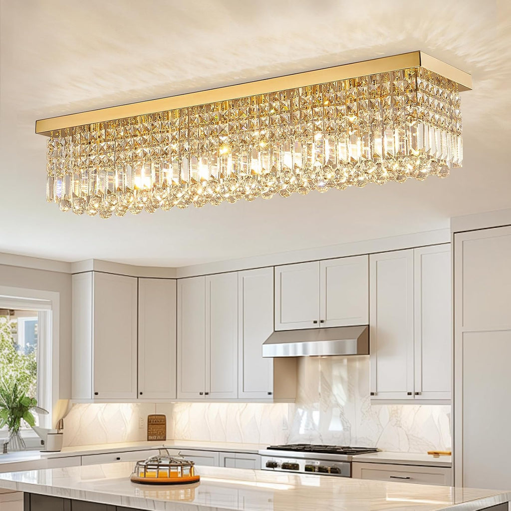 Rectangular Gold Crystal Chandelier, 8-Light Modern Dimmable K9 Crystal Raindrop Chandelier, Luxury Rectangle Flush