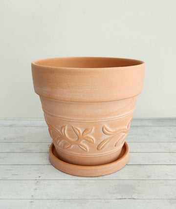 10" Embossed Whitewashed Terracotta Planter with Drainage Hole & Saucer, Rustic Style Unglazed Terracotta Pot for