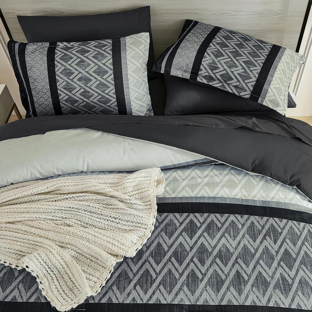 Cottolester Boho Comforter Set King,Black Gray Striped Bed in a Bag,Fall Plaid Comforter and Sheet Set,Soft Microfiber