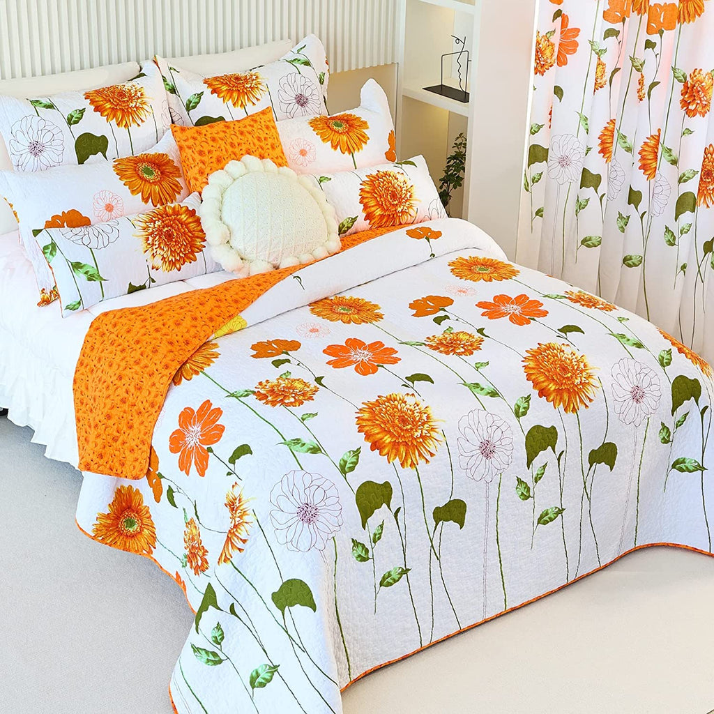 Quilted Pillow Shams Set of 2 Orange Sunflower Pillow Covers Floral Pillowcases Matching Bedding Decoration (18" X