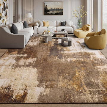 Living Room Rug, 9x12 Rug Modern Abstract Washable Rugs, Brown Vintage Low Pile Carpet, Non Slip Large Rugs for Bedroom, Dining Room, College Dorm, Home Office