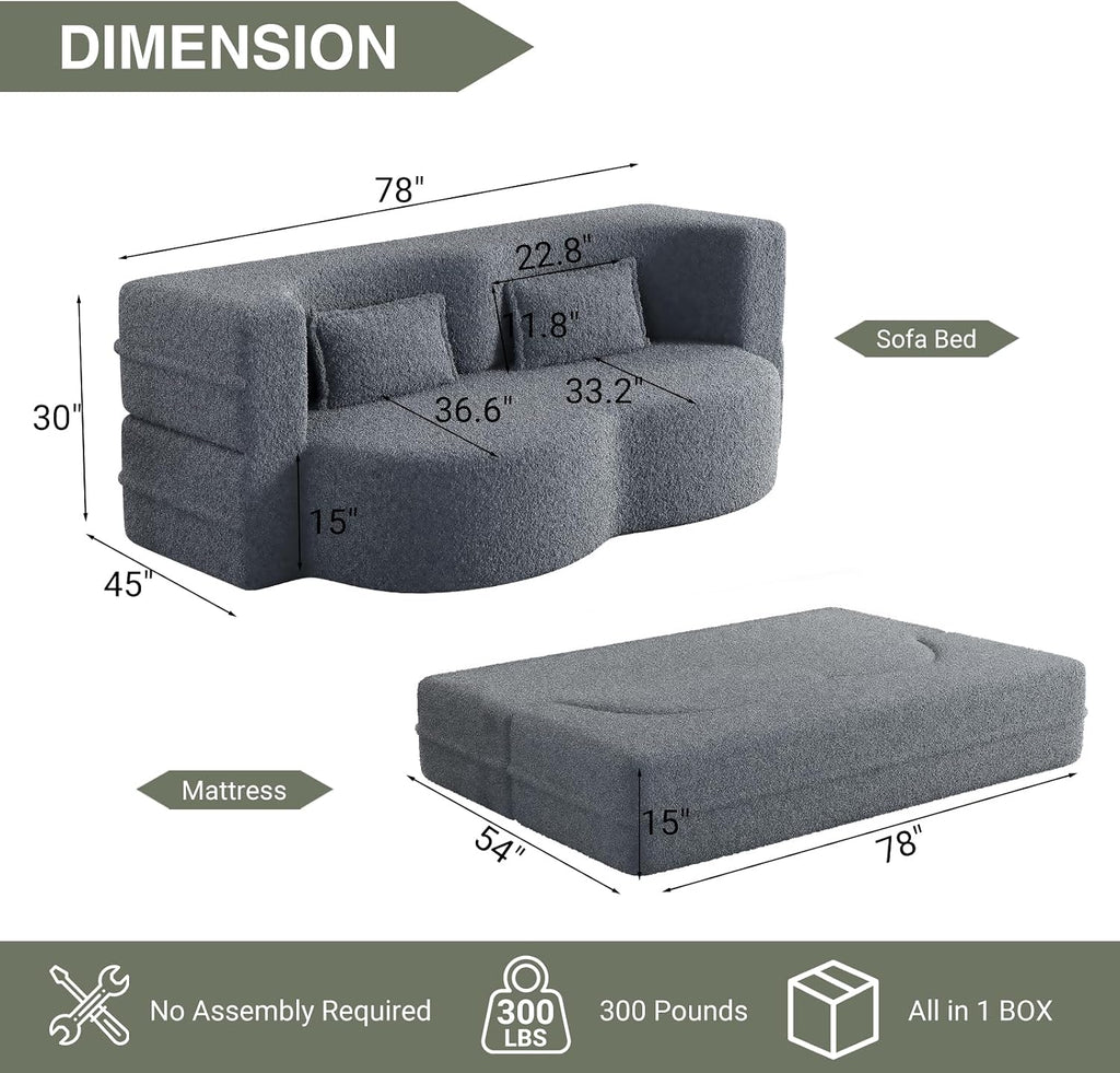 78" Convertible Folding Sofa Bed, 2-in-1 Full Size Floor Boneless Couch Bed, Loveseat sleeper Couch , Teddy Floor