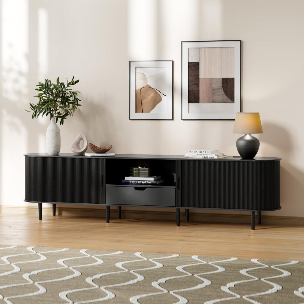 86.6" Fluted TV Stand with Power Outlet for TVs up to 90", TV Console with Adjustable Shelves and Sliding Door, Mid