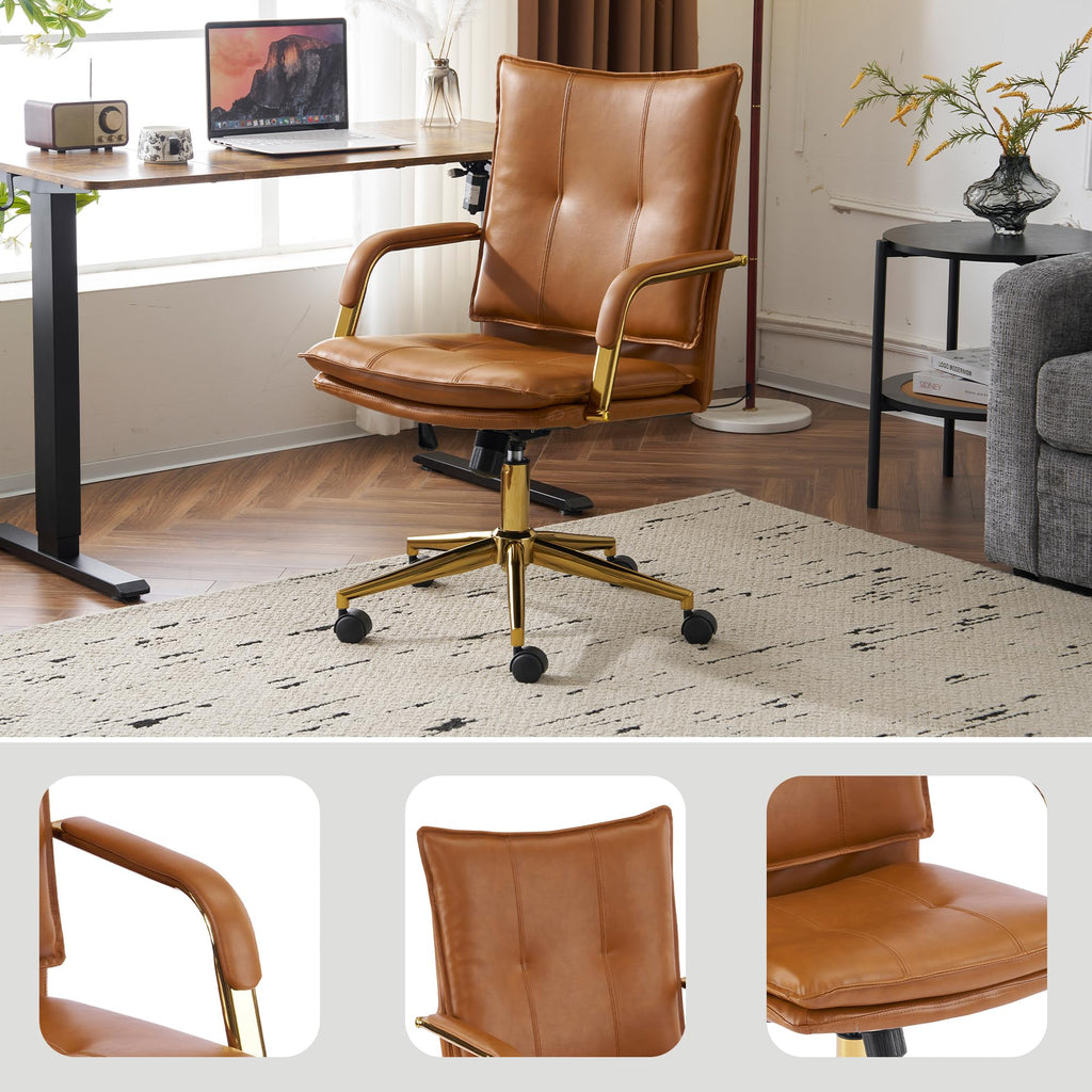 Office Chair, Mid-Back Ergonomic PU Leather Desk Chair, Mid Century Modern Office Chair, Swivel Comfy Upholstered