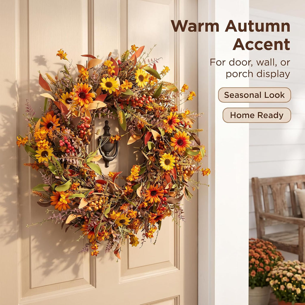 24 Inch Fall Wreaths for Front Door, Artificial Autumn Wreath with Sunflowers, Berries and Leaves, Thanksgiving