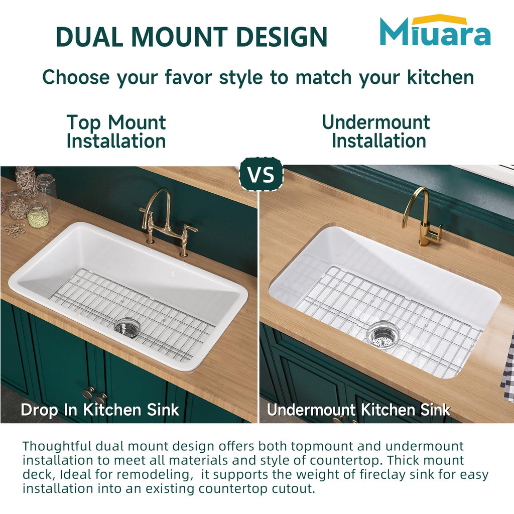 32 x 19 Inch Undermount or Drop In Fireclay Kitchen Sink White